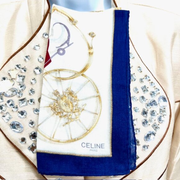 Unused Celine Paris Mini Scarf/Handkerchief Cotton 18 white chariot blue trim(59 - Picture 3 of 7